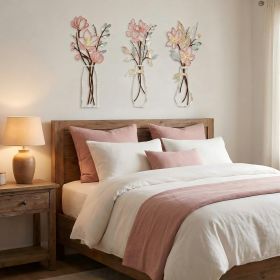 3Pcs Farmhouse Metal Floral Vase Wall Decor, Minimalist Colored Flower Wall Art Hanging Decor for Bedroom Living Room Bathroom