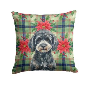 Miniature Black Poodle Christmas PoinsettIas Throw Pillow Decorative Indoor Outdoor Accent Cushion for Couch, Bed or Patio, 14Hx14W