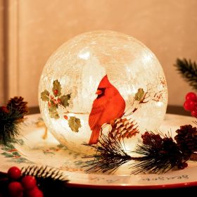 Christmas Decorations Indoor,Glass Globe Cardinal Lamp,Crackle Ball LED Lights Battery Operated,with Timer Snowflake Inside,Red Bird