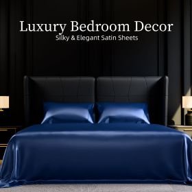 Satin Bed Sheets, Full Size Sheets Set, 4 Pcs Silky Bedding Set with 15 Inches Deep Pocket for Mattress (Full, Navy Blue)