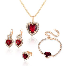 Heart Shape Rhinestone Necklace Earring Ring Bracelet 4 PCs Set (Option: Sku8760 Red)