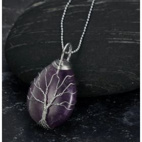 Celtic Tree Of Life Pendant & Chain On Teardrop Semi-Precious Stone (Option: Amethyst)