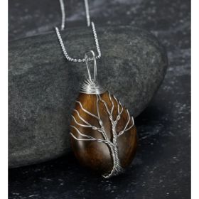 Celtic Tree Of Life Pendant & Chain On Teardrop Semi-Precious Stone (Option: Tiger Eye)