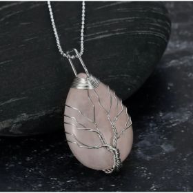 Celtic Tree Of Life Pendant & Chain On Teardrop Semi-Precious Stone (Option: Rose Quartz)