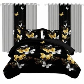 9 Piece Room In A Bag Quilt And Curtain Set, US Designer Black And Gold Butterfly Print Heavyweight Bedspread With 6 Customizable Window Panels, (Option: QUEEN)