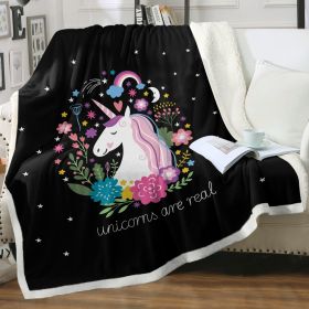 Cute Floral Unicorn Throw Blanket Cute Animals Cartoon Decorative Blanket Black Soft Warm Cozy Plush Throws Blankets (size: 150x200cm)