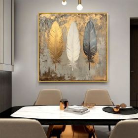 Abstract Golden Feather Oil Painting on Canvas Original White Feather painting Large Wall Art,Custom Modern painting Living Room Decor Gift (Style: 01, size: 60x60cm)