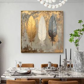 Abstract Golden Feather Oil Painting on Canvas Original White Feather painting Large Wall Art,Custom Modern painting Living Room Decor Gift (Style: 01, size: 120x120cm)