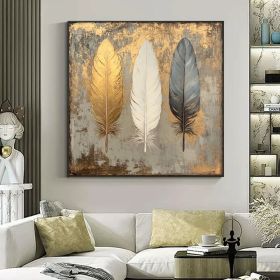 Abstract Golden Feather Oil Painting on Canvas Original White Feather painting Large Wall Art,Custom Modern painting Living Room Decor Gift (Style: 01, size: 160x160cm)