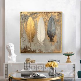 Abstract Golden Feather Oil Painting on Canvas Original White Feather painting Large Wall Art,Custom Modern painting Living Room Decor Gift (Style: 01, size: 140x140cm)