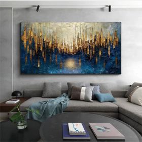 Large Original Gold Oil Painting on Canvas Abstract Minimalist Blue Textured Wall Art Custom Painting,Boho Wall Décor Living room Wall Decor (Style: 01, size: 140x280cm)