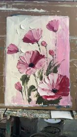 100% Handmade Oil Painting Pink Poppy Flower Oil Painting Handmade Flower Wall Art Picture Living Room Bedroom Decor (No Frame) (Style: 01, size: 60X90cm)