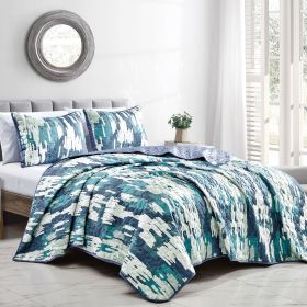 Reversible 3-Piece Abstract Watercolor Bedspread Set - Quilted Coverlet with Pillow Shams (size: Queen)