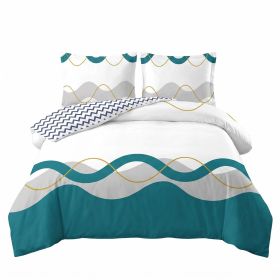 3 Piece Reversible Duvet Cover Set, Heavyweight High-GSM Microfiber Bedding with Zipper & 4 Corner Ties (Color: Modern Teal Wave & Chevron Geometric, size: Queen)