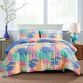 Reversible 3-Piece Abstract Brushstroke Bedspread Set - Quilted Coverlet with Pillow Shams (size: Queen)