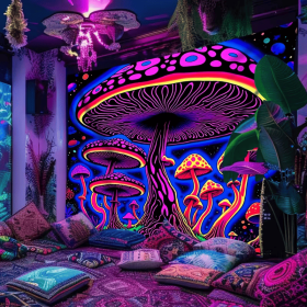 1pc Large Peach Skin Velvet Tapestry, UV Reactive Fluorescent Mushroom Forest Landscape, Aesthetic Hanging Wall Decor for Bedroom, Living Room, O (size: 59*51in)
