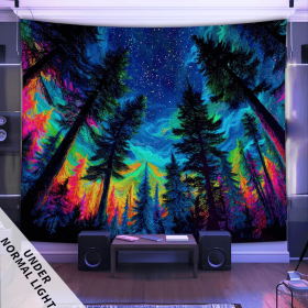 1pc UV Glow in the Dark Tapestry - Starry Sky Forest Fluorescent Wall Hanging, Large Peach Light Beige Fabric with Hand-Stitched Edges (size: 79*96.4in)