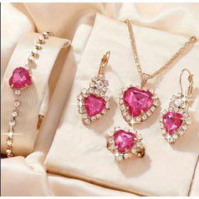 Heart Shape Rhinestone Necklace Earring Ring Bracelet 4 PCs Set (Option: Pink)