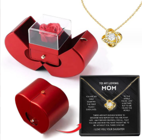 Fashion Jewelry Box Red Apple Christmas Gift Necklace Eternal Rose For Girl Mother's Day Valentine's Day Gifts With Artificial Flower Rose Flower (Option: Necklace Gold Card Apple Box-English)